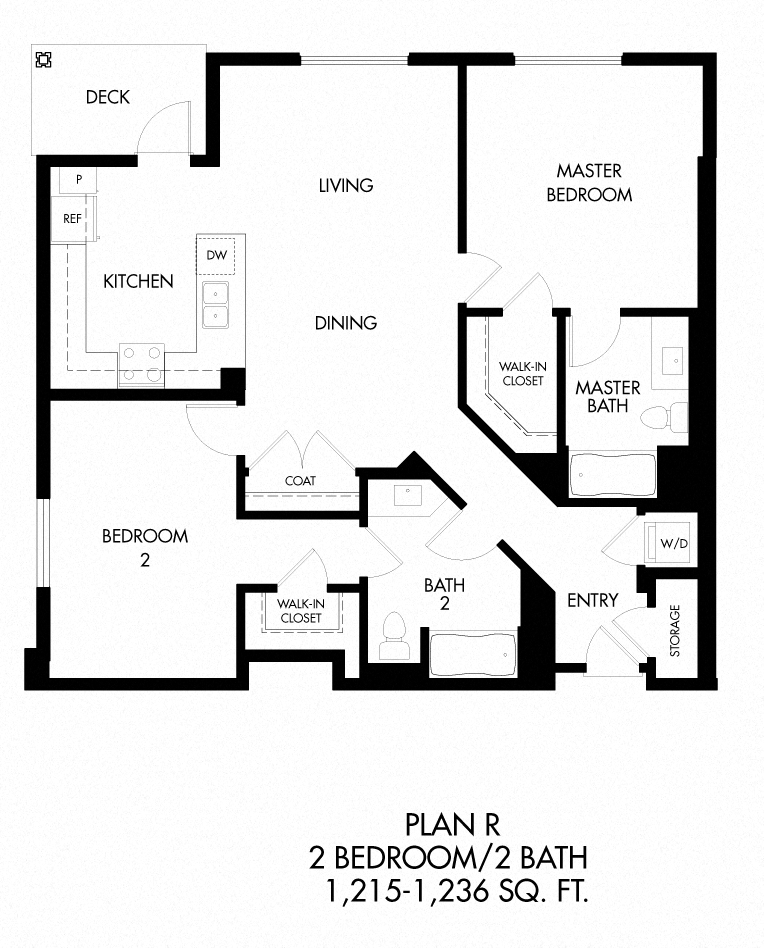 Floor plan for 2 beds, 2 baths, 1232 sqft
